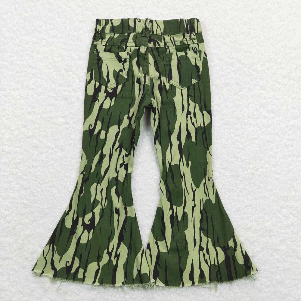 Girls Green Bottomland Camouflage Bell Bottom Jeans