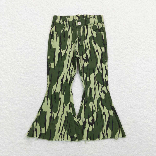 Girls Green Bottomland Camouflage Bell Bottom Jeans