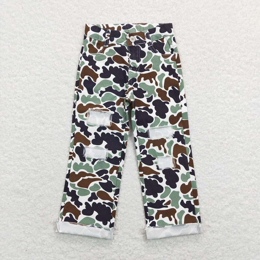 P0413baby boys green camouflage ripped jeans