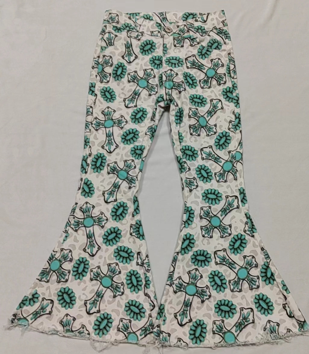 P0414 baby girl clothes cross turquoise easter bell bottom jeans