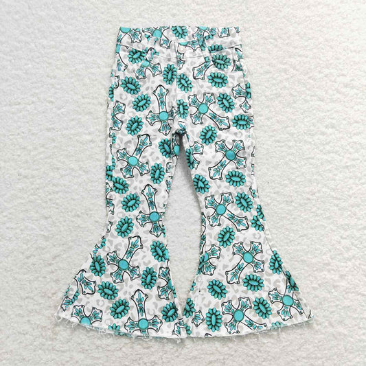 P0414 baby girl clothes cross turquoise easter bell bottom jeans