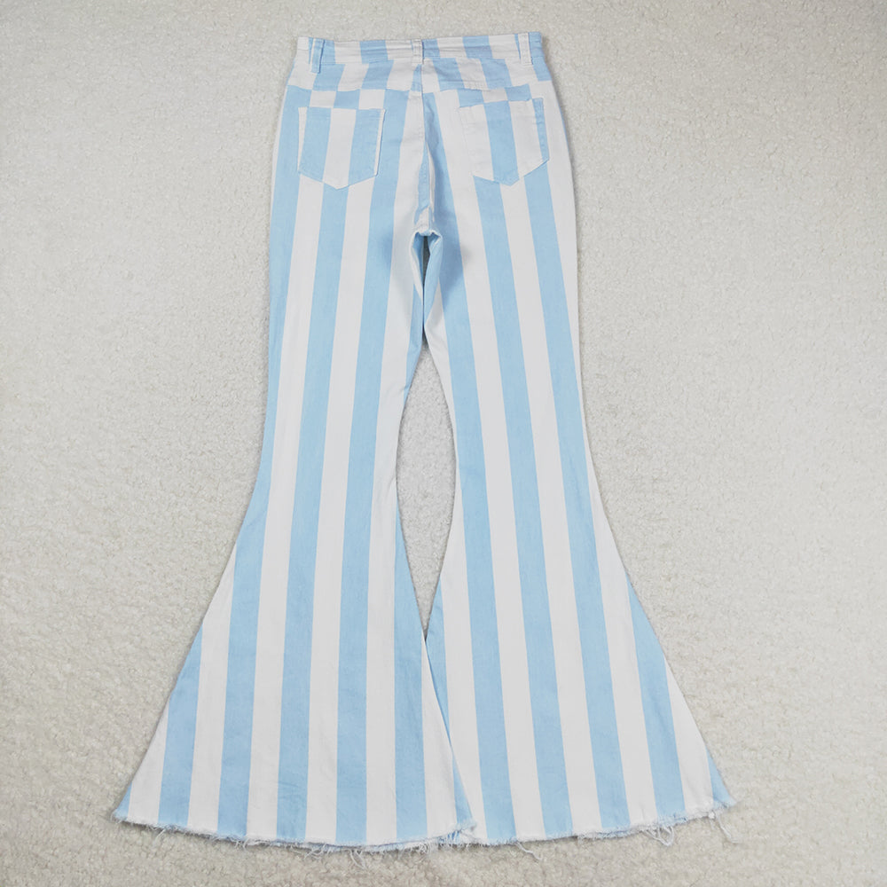 P0458 adult women blue stripes bell bottom denim jeans