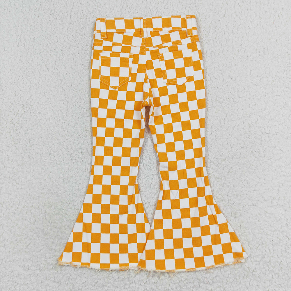 Girls Orange Checkered Bell Bottom Jeans
