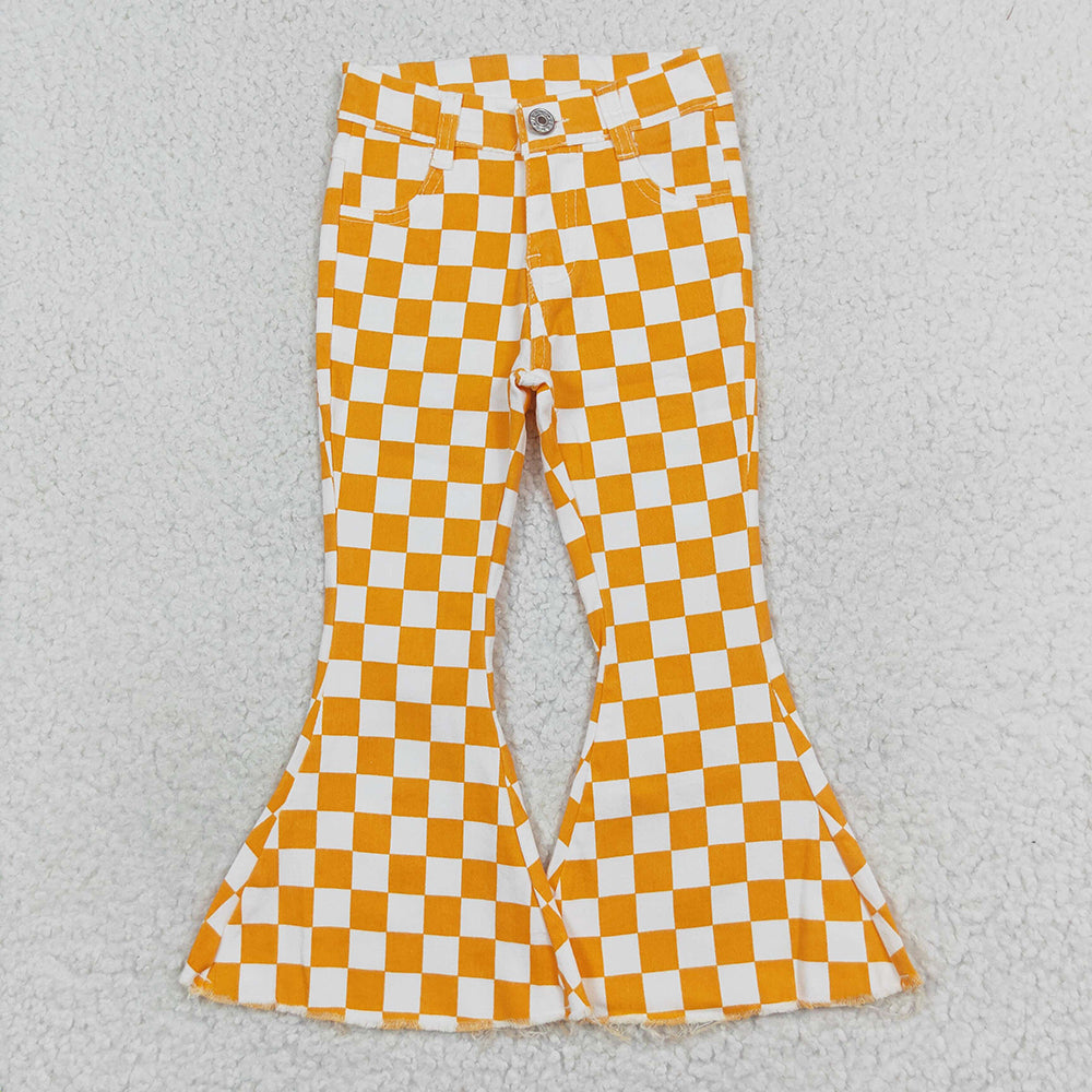 Girls Orange Checkered Bell Bottom Jeans