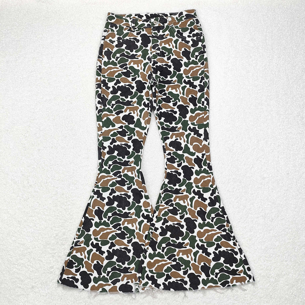 P0583 adult women green camouflage bell bottom denim jeans