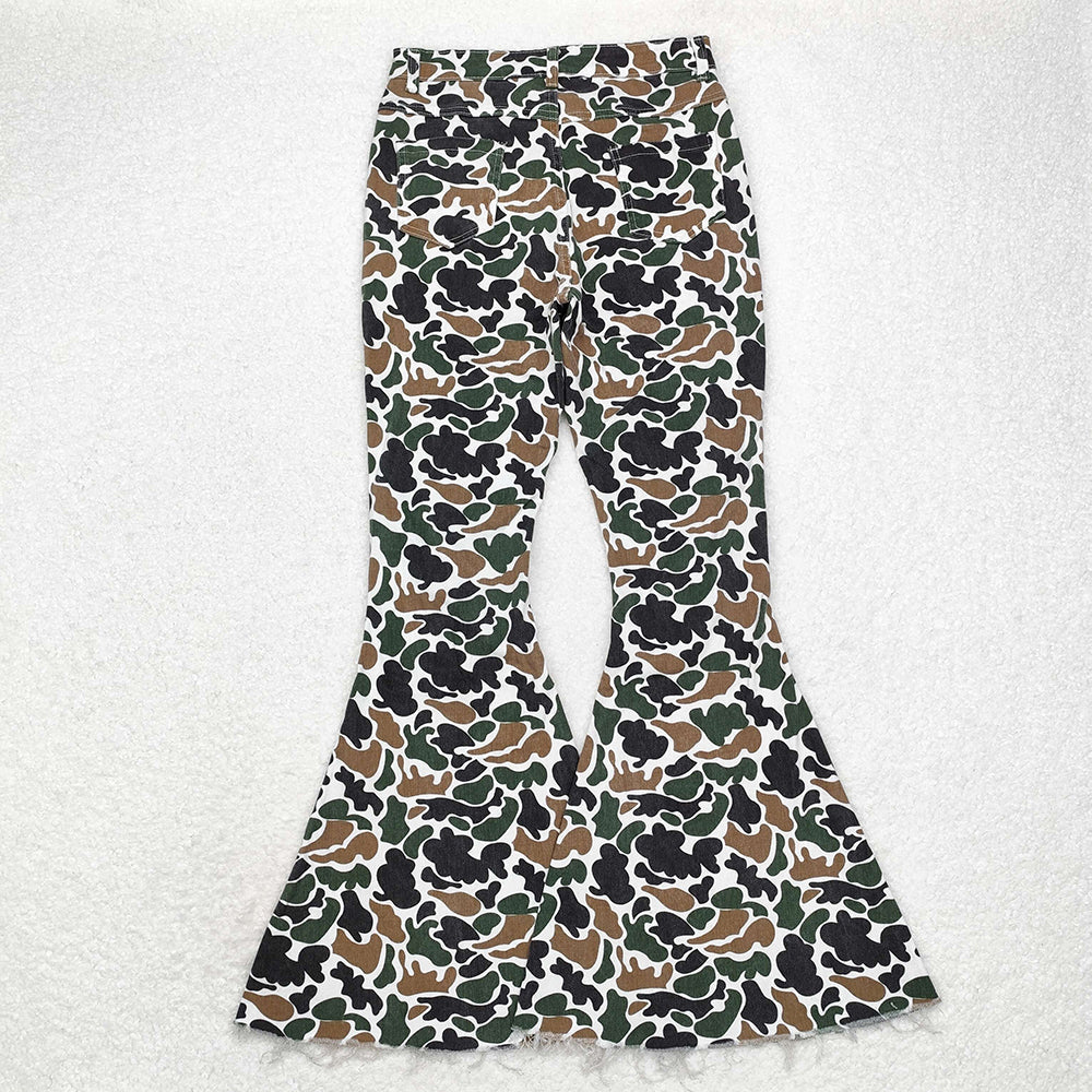 P0583 adult women green camouflage bell bottom denim jeans