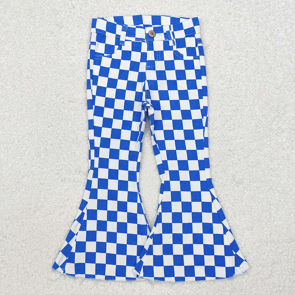 Girls Blue Checkered Bell Bottom Jeans