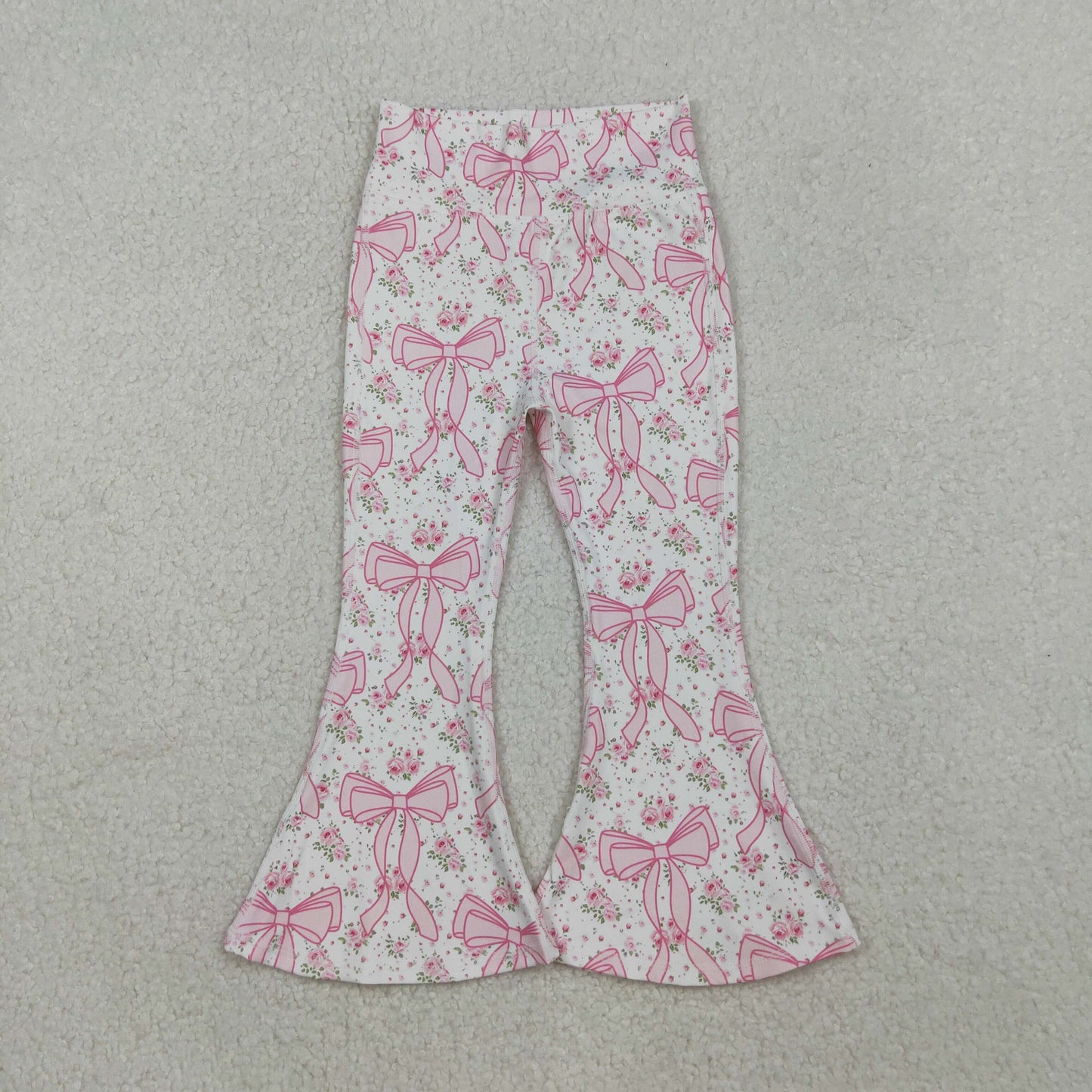 P0773 Baby Girls Pink Bows Flowers Yoga Active Bell Bottom Pants