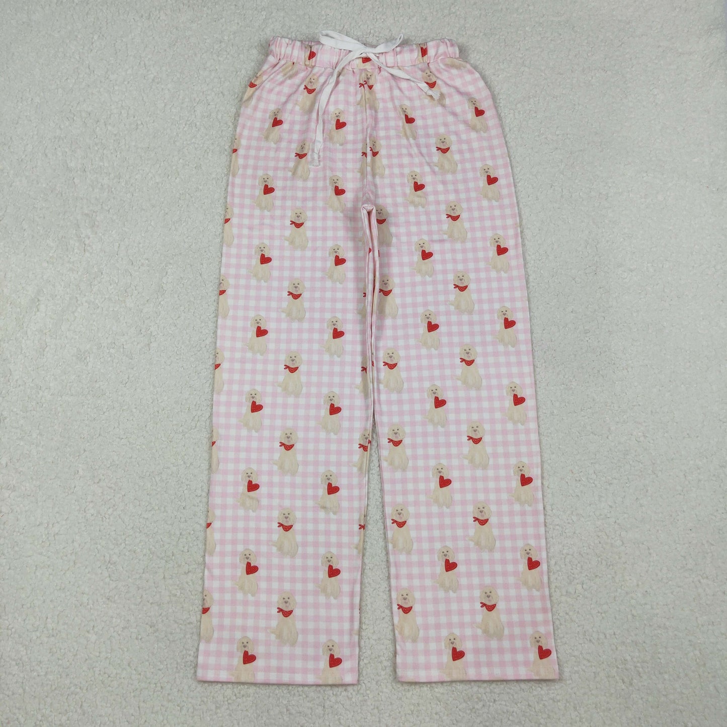 P0849 Adult Women Pink Hearts Dogs Checked Valentine Pants Bottom