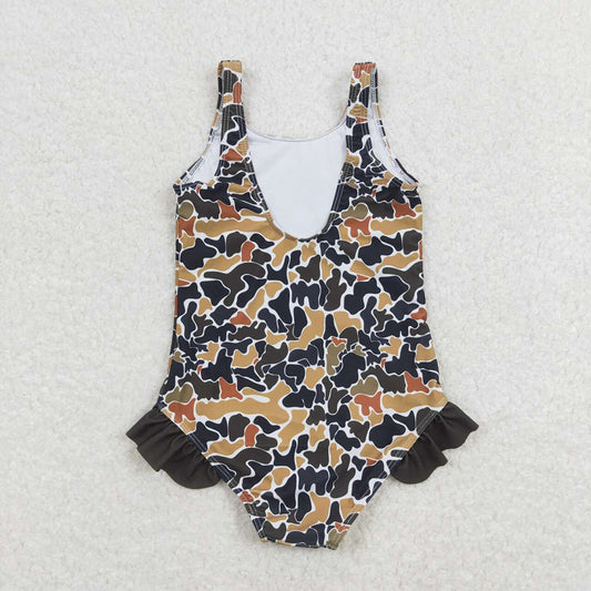 girls black duck camouflage one piece swimwear S0239