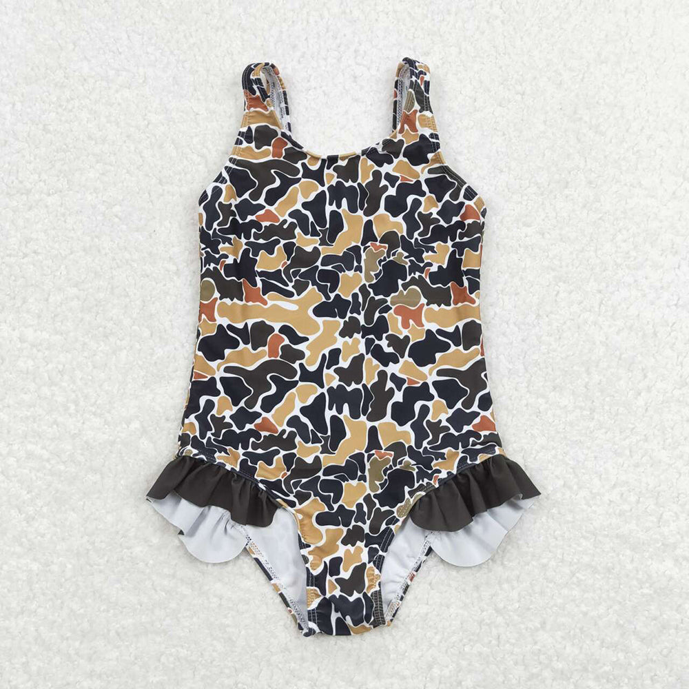 girls black duck camouflage one piece swimwear S0239