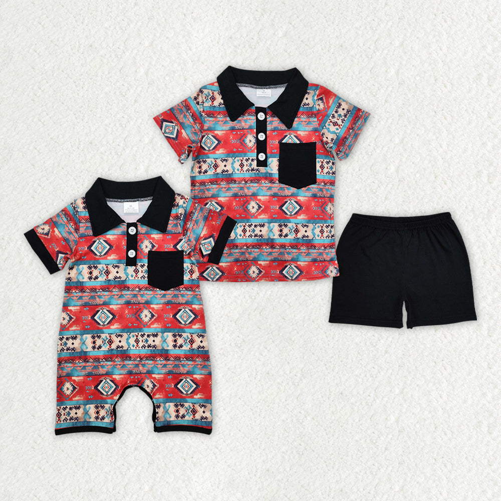 Sibling Baby Boys Western Aztec Black Rompers Clothes Sets