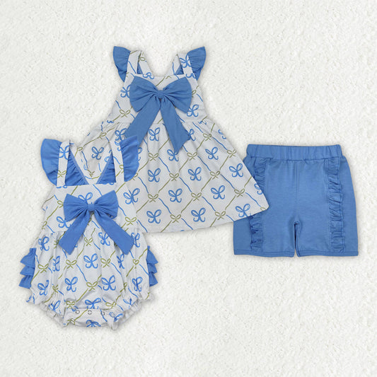 Sibling Baby Girls Blue Bows Rompers Outfits Sets