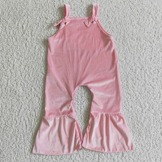 girls Pink Velvet Straps Bell Bottom Jumpsuits SR0088