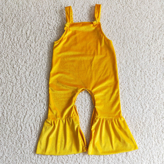 girls Mustard Velvet Straps Bell Bottom Jumpsuits SR0089
