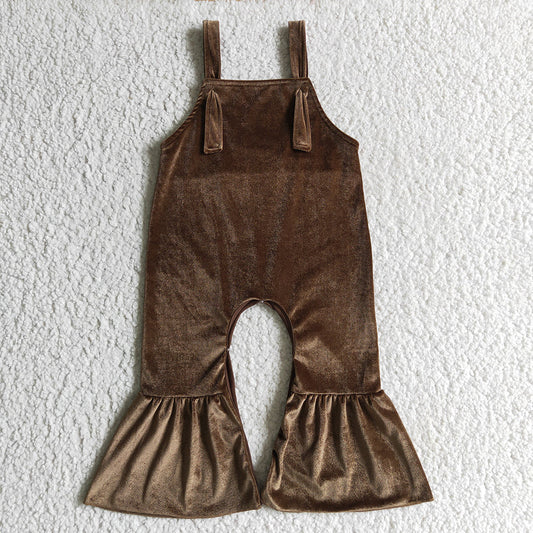 girls Dark Green Velvet Straps Bell Bottom Jumpsuits SR0090
