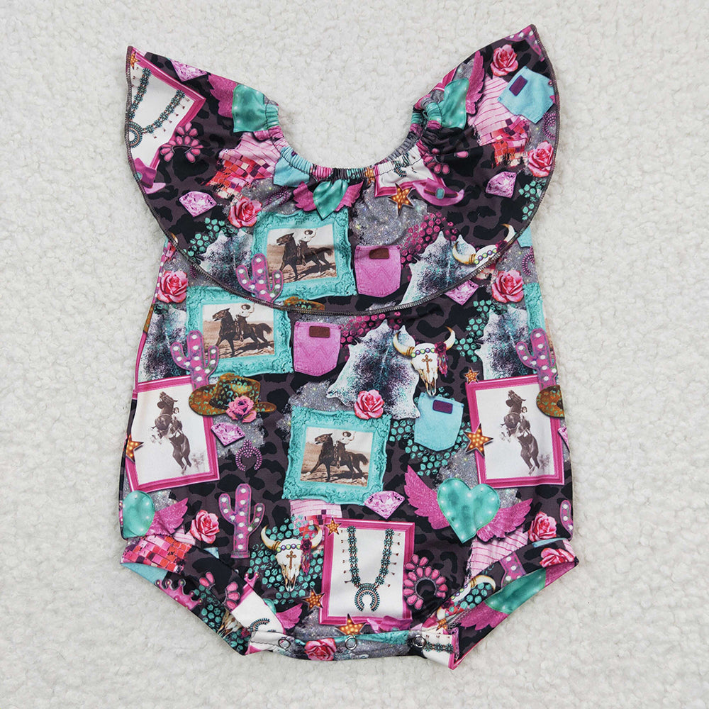 Sibling Baby Infant Girls Western Flutter Sleeve Rompers