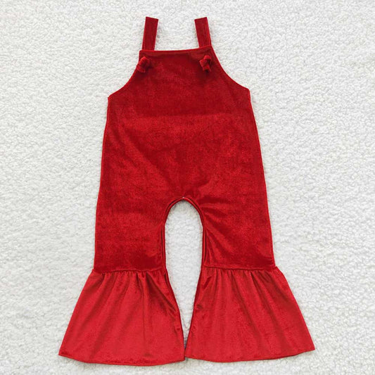 girls Red Velvet Straps Bell Bottom Jumpsuits SR0392