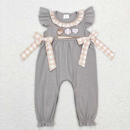 SR0613 Baby Girls Cotton Baseball Bows Embroidery Rompers