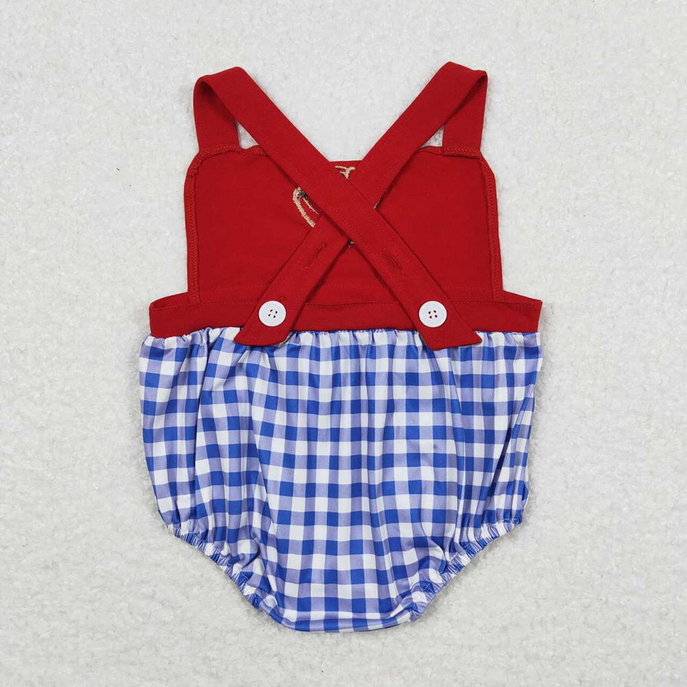 SR0616 baby boys baseball embroidery checkered straps rompers