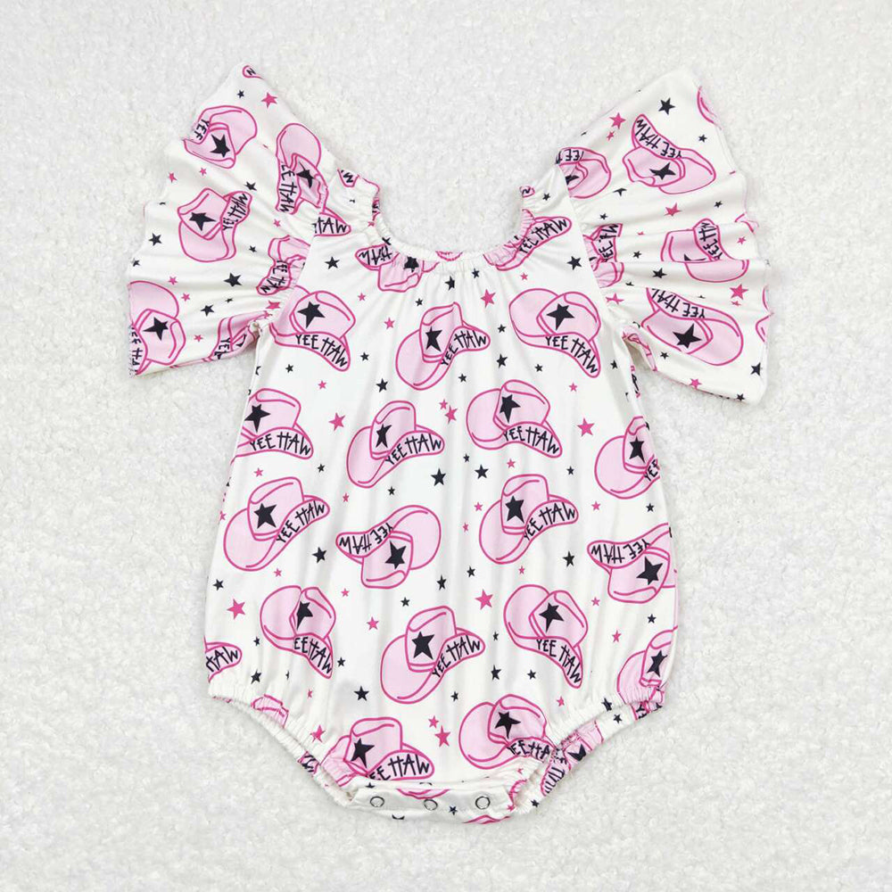 SR0709 baby girl yeehaw cowboy pink short sleeve romper