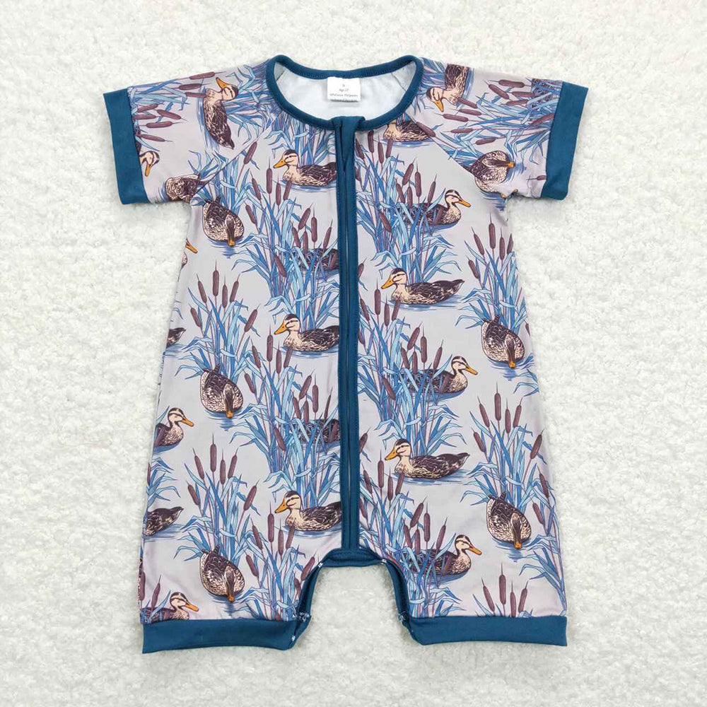 Sibling Baby Boys Hunting Duck Short Sleeve Zip Rompers