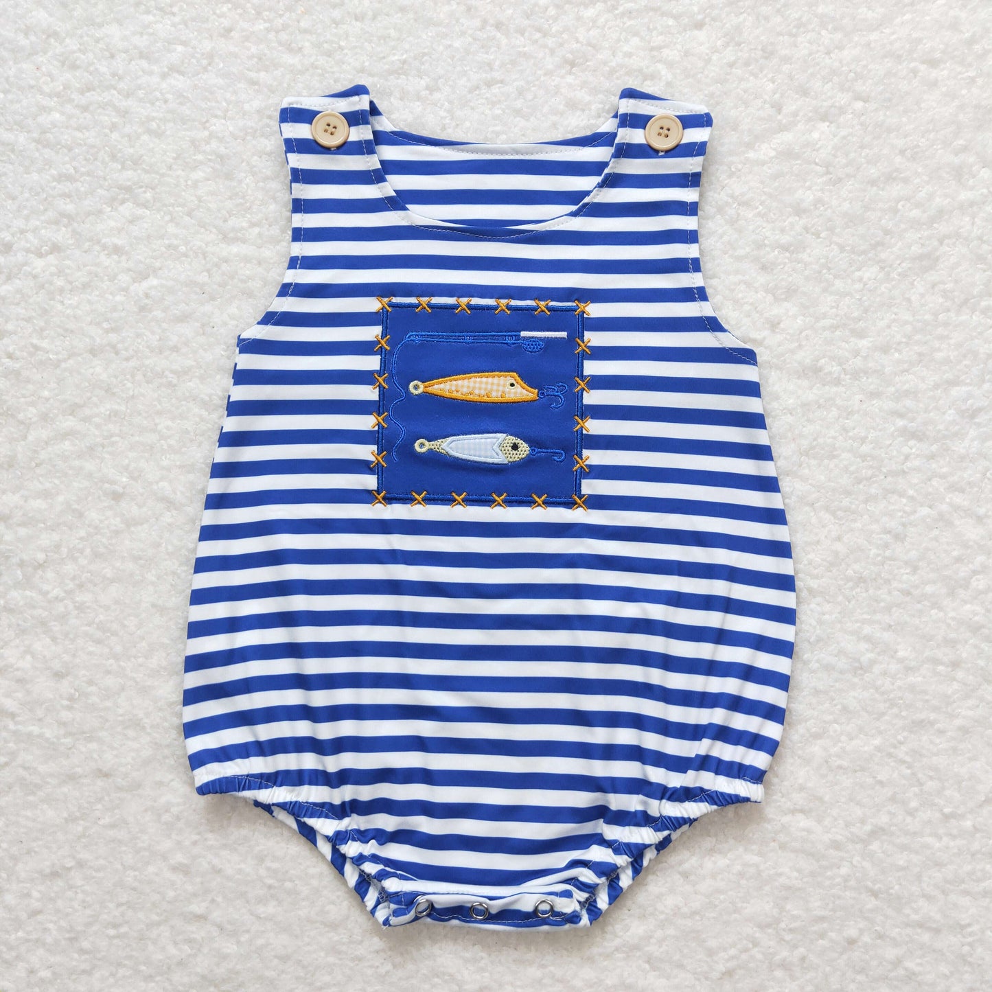Sibling Brother Baby Boys Embroidery Fishing Blue Stripes Summer Clothes Sets Rompers