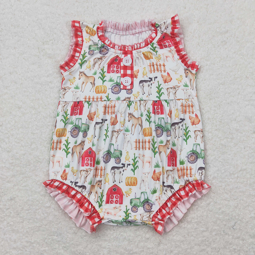 Sibling Baby Girls Red Farm Checkered Summer Rompers Jumpsuits