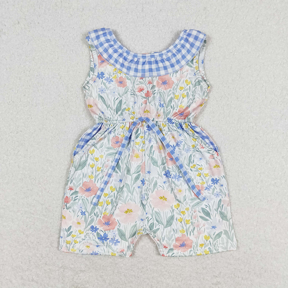 SR1343 baby girls blue checkered floral pockets summer jumpsuits