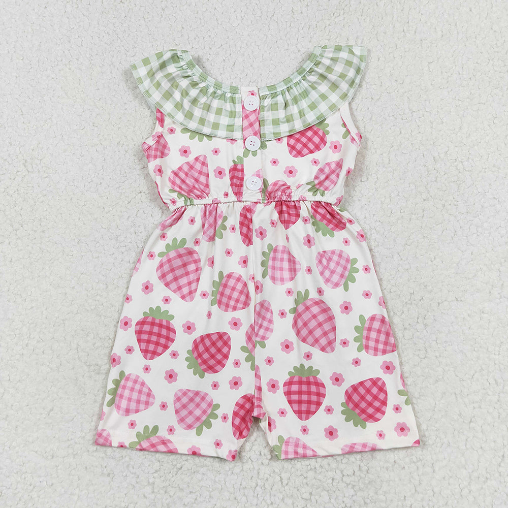 SR1565 baby girls Green checkered strawberry pockets summer jumpsuits