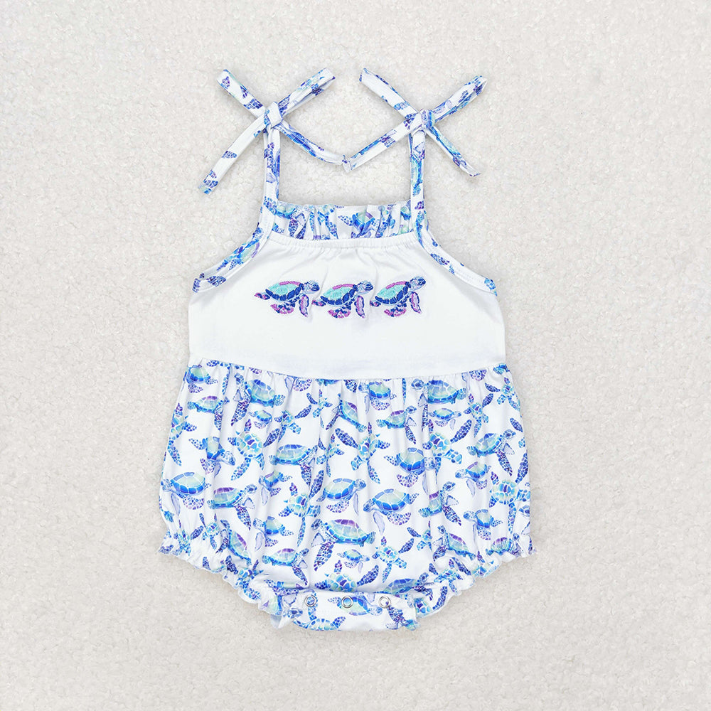 SR1650 baby girls turtle embroidery straps rompers