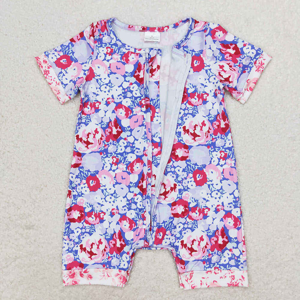 SR1767 Baby girls purple flowers zip summer rompers