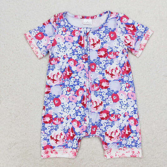 SR1767 Baby girls purple flowers zip summer rompers