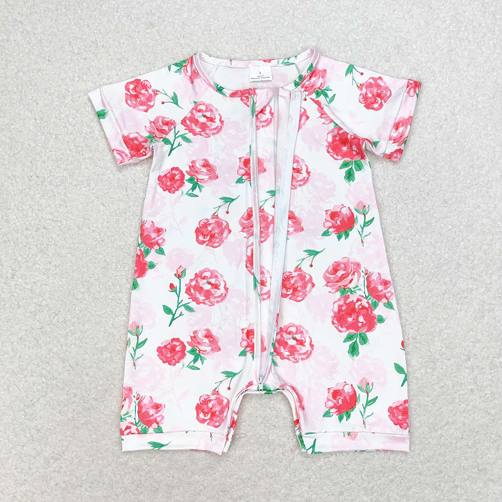 SR1768 Baby girls pink flowers zip summer rompers