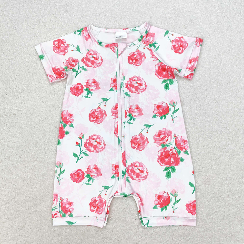 SR1768 Baby girls pink flowers zip summer rompers