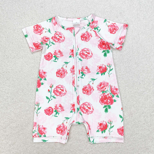 SR1768 Baby girls pink flowers zip summer rompers
