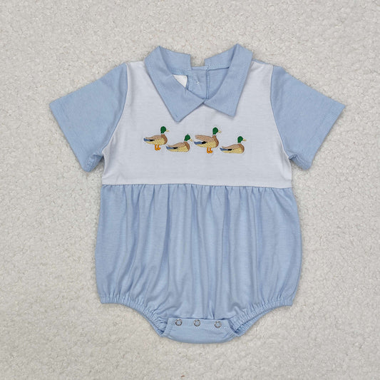 SR2071  baby boy blue Embroidered mallard ducks Short Sleeve rompers