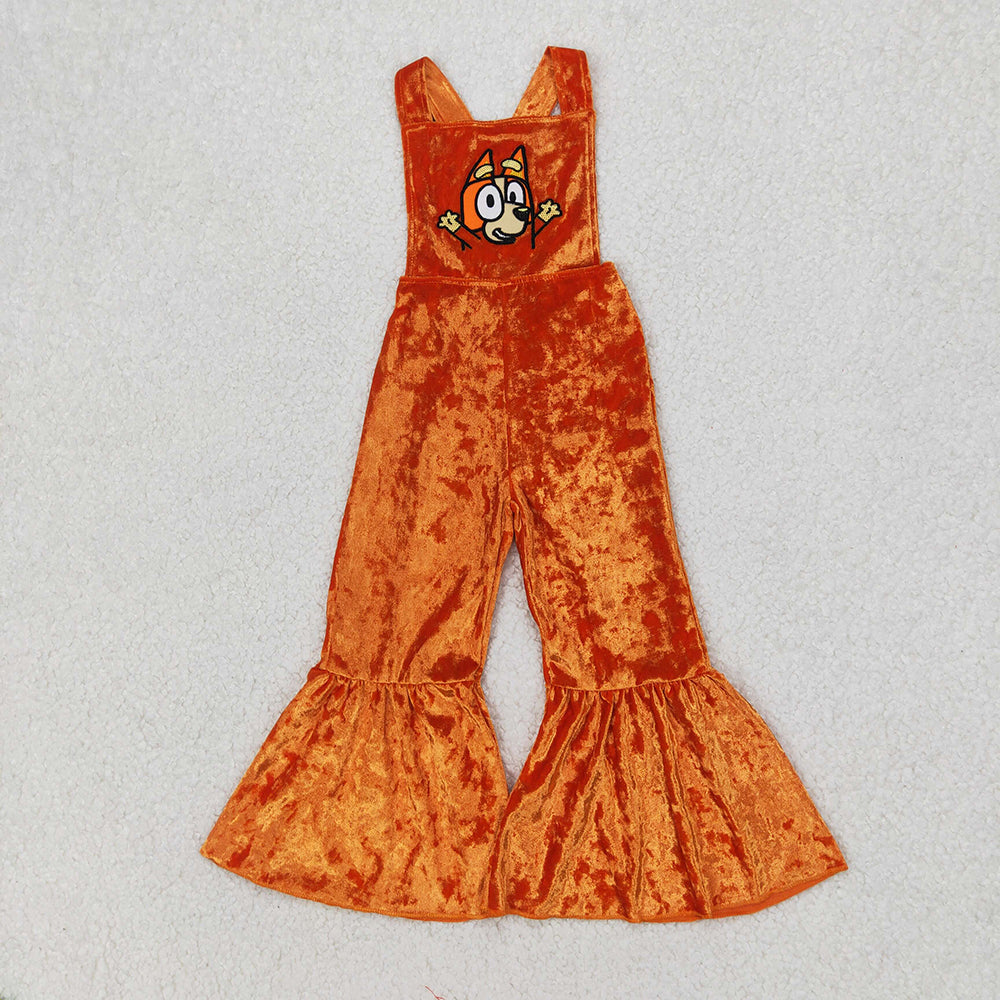 Sibling Sister Baby Girls Straps Dog Embroidery Velvet Jumpsuits