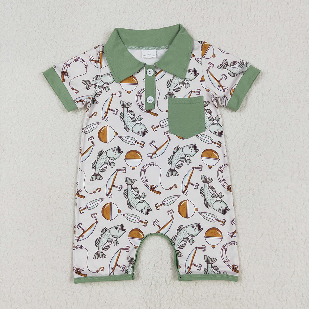 baby boys fishing green pocket romper SR2472
