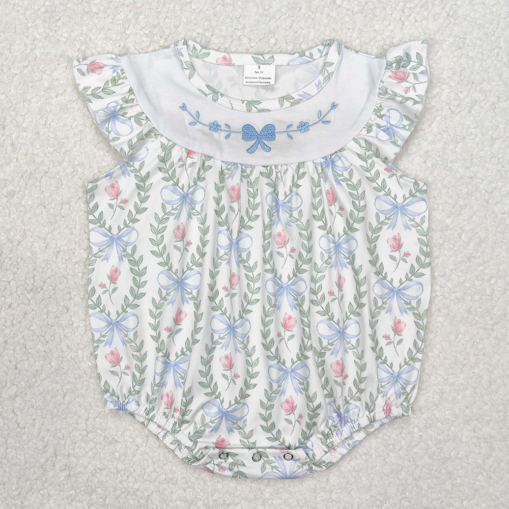Sibling Embroidery Baby Girls Spring Bows Leaves Rompers Dresses