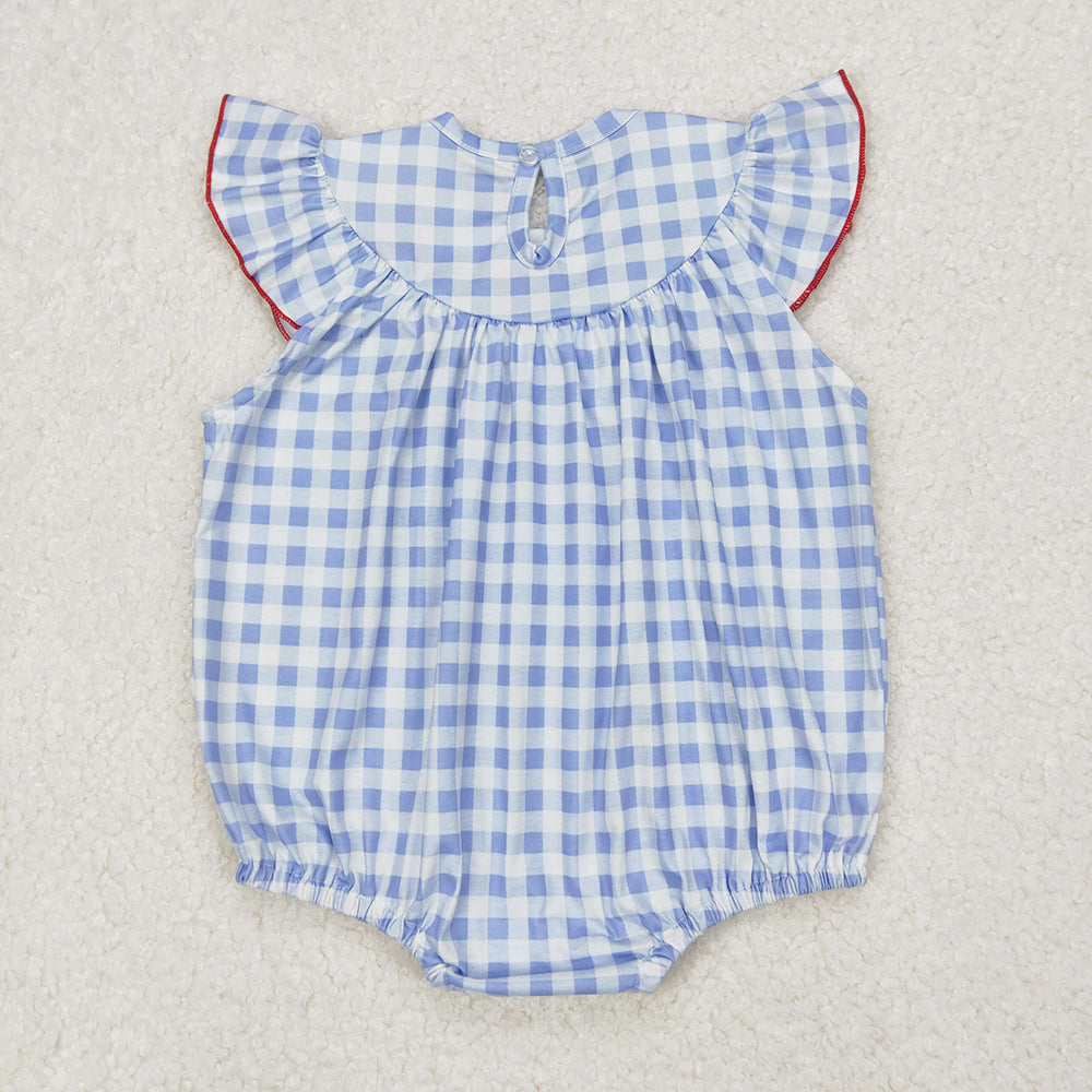 SR2571 Smocked Baby girls blue checkered flags 4th of july rompers