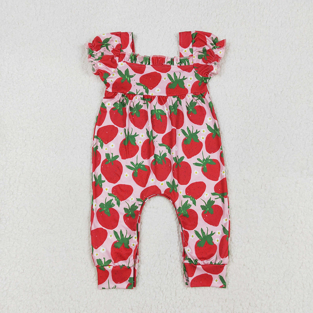 Sibling Baby Girls Red Short Sleeves Strawberry Bows Ruffle Shorts Clothes Sets Footie Rompers