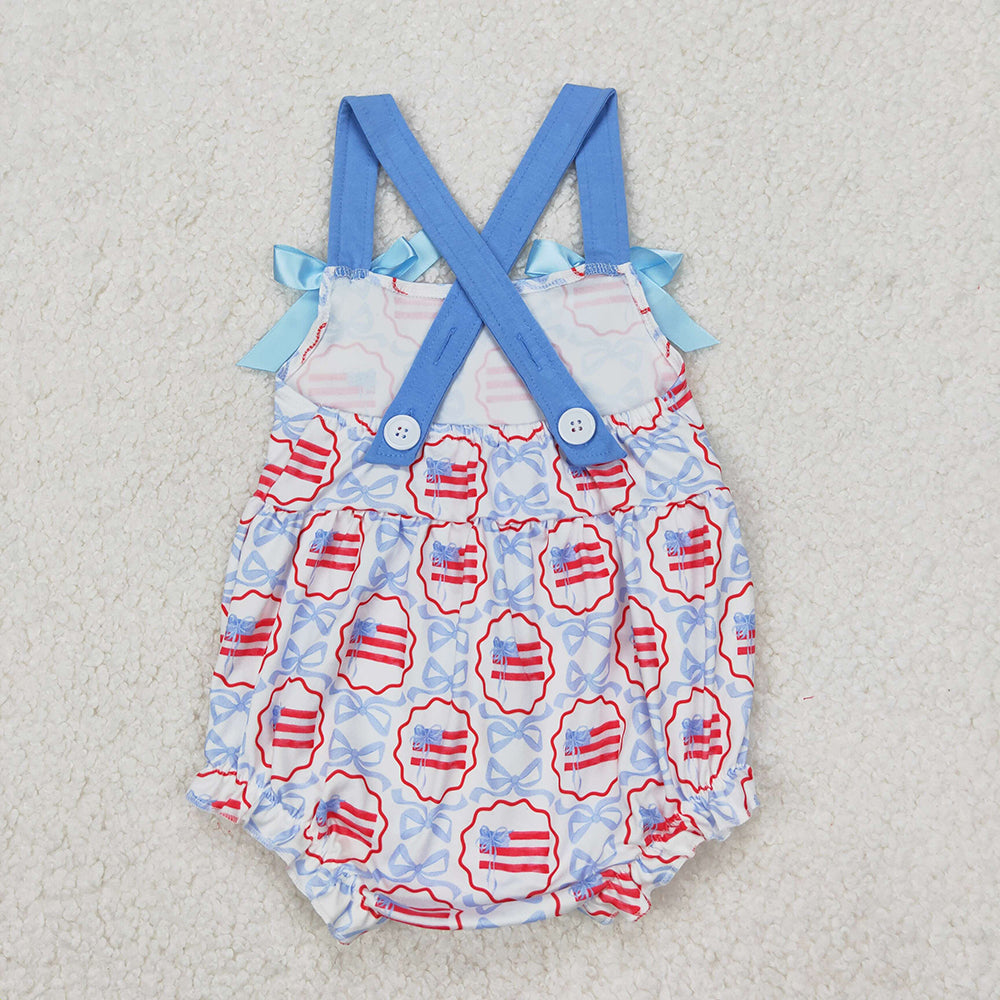 Sibling Baby Girls Blue Bows Flag Rompers Outfits Sets