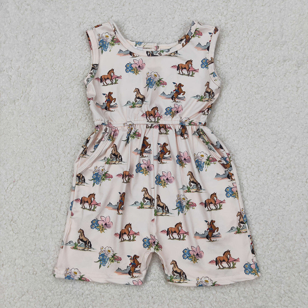 SR2695 baby girls horse rodeo western floral pockets summer jumpsuits