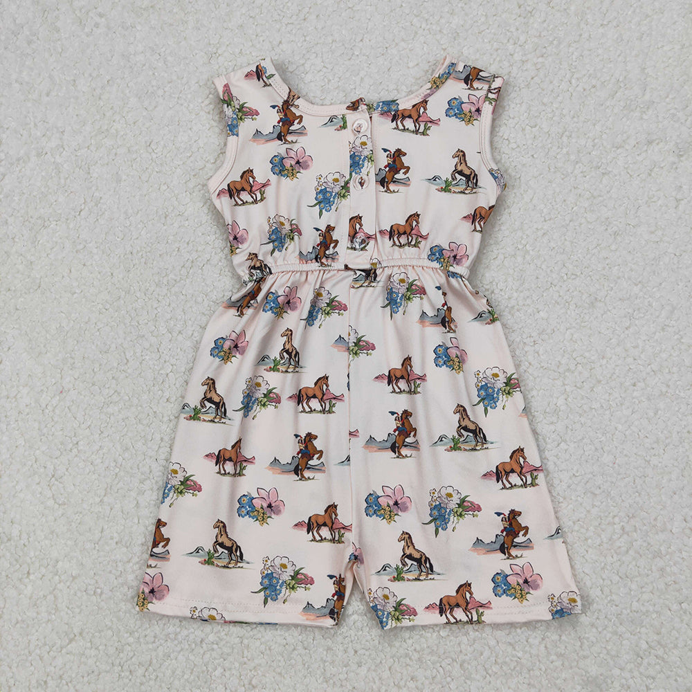 SR2695 baby girls horse rodeo western floral pockets summer jumpsuits