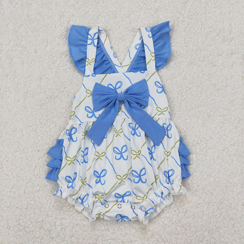 Sibling Baby Girls Blue Bows Rompers Outfits Sets