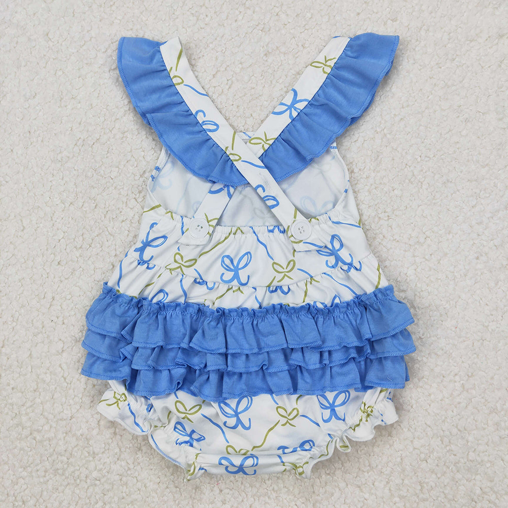 Sibling Baby Girls Blue Bows Rompers Outfits Sets
