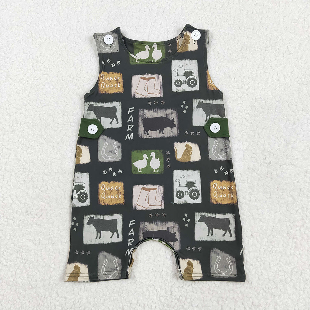 SR2874 baby boys Green Farm Cows Sleeveless rompers