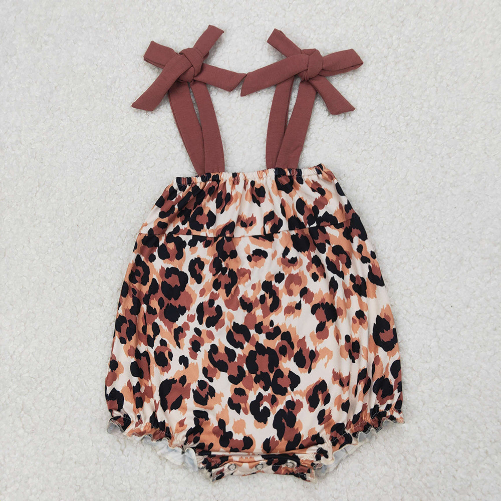 SR2931 baby girls brown leopard straps summer bubble rompers