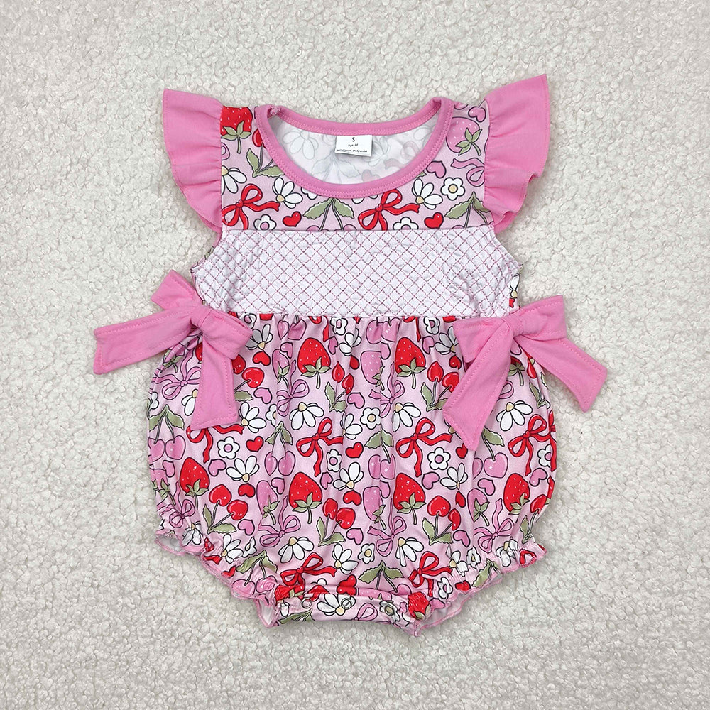 SR2953 baby girls strawberry embroidery flutter sleeve rompers